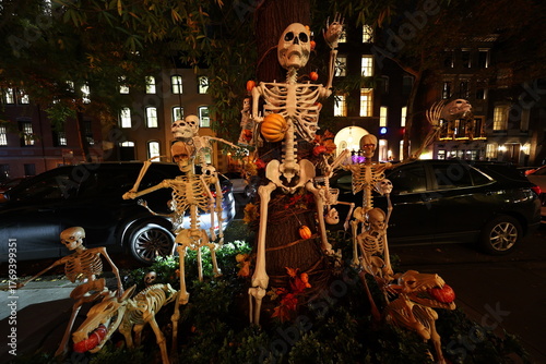 Halloween decorations cover the doorway and staircase of an Upper East Side townhouse in New York, N.Y., Wednesday, Oct. 22, 2025. (Photo: Gordon Donovan)