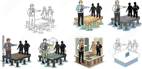 Silhouette vector illustration of leadership teamwork on platforms surrounded by water, people pointing direction, guidance, collaboration, business, success, vision, and industry