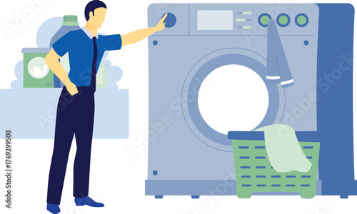 The man is turn on the washing machine