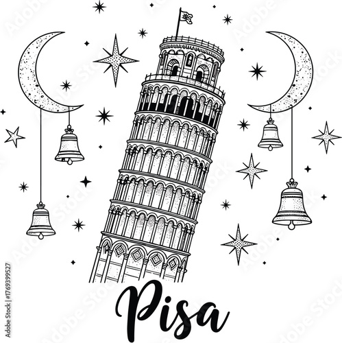 Leaning Tower of Pisa Illustration Amidst Crescent Moons and Sparkling Stars - Italian Landmark with Decorative Bells, Evoking Wanderlust, Travel Destination, Historic Architecture, Fantasy Concept