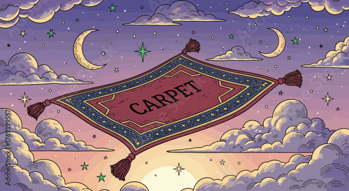Magical Carpet Flying Through a Starry Night Sky with Clouds and Crescent Moons, Representing Fantasy, Travel, and Adventure, Ideal for Storytelling, Children's Illustrations, Arabian Nights