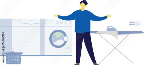 Young man washing clothes using washing machine.