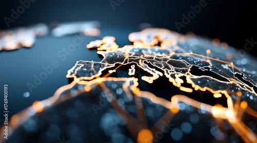 Abstract defocused representation of futuristic global network - glowing paths linking knowledge hubs, with copy space.