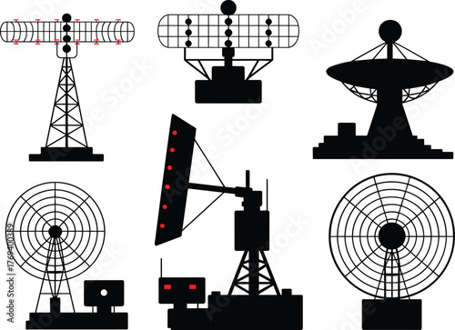 Radar and satellite dish silhouette set, black vector illustration, communication equipment designs, antenna structures, technology concept, broadcasting and signal transmission