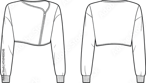 Modern asymmetric zipper cropped jacket fashion flat sketch technical drawing long sleeve outerwear apparel design front and back vector template