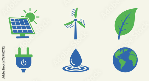 Flat Eco Energy Icon Pack – Solar Panel, Wind Turbine, Leaf, Plug, Water Drop – Vector Set