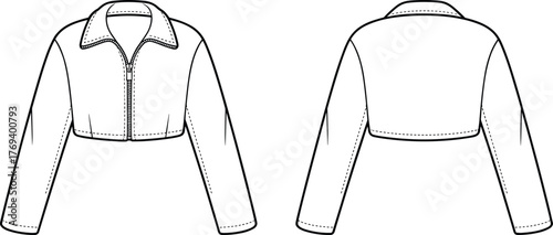 Trendy cropped zip front jacket with classic collar fashion flat sketch technical drawing long sleeve outerwear vector apparel template