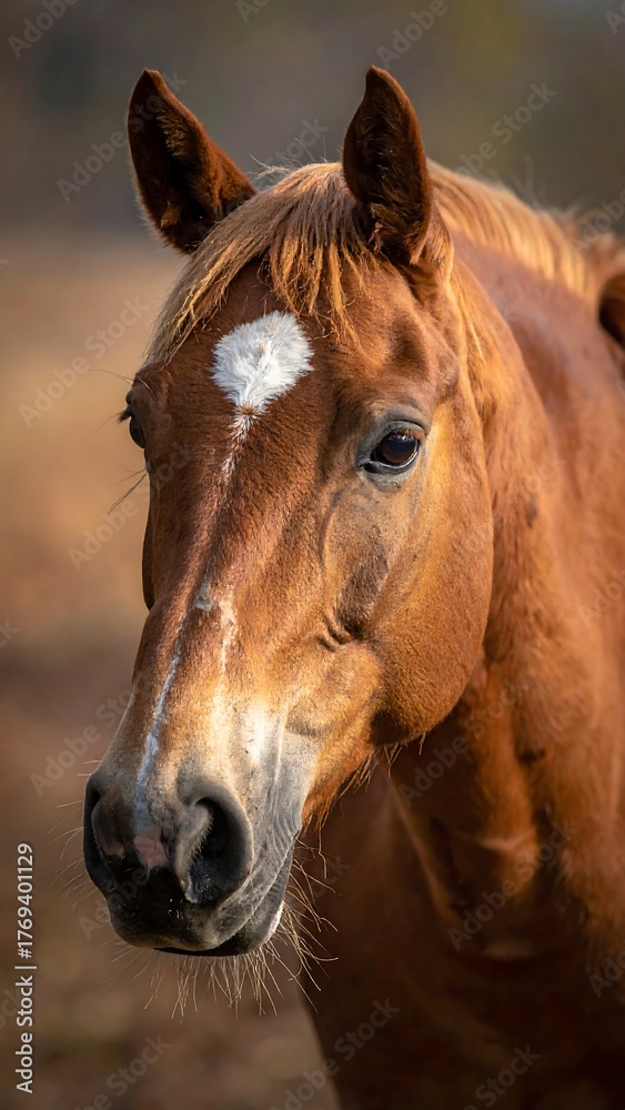 Fototapeta premium A close-up portrait of a chestnut horse. Its head is turned slightly, highlighting the eye, with a white spot on the forehead