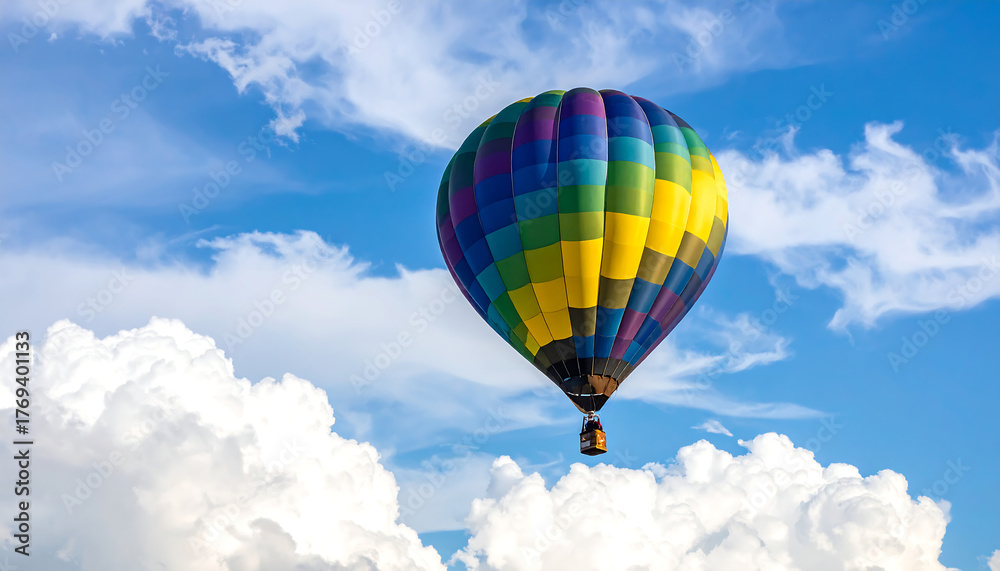 Obraz premium Bright colorful balloon floating in blue sky, symbolizing freedom, happiness, and childhood joy