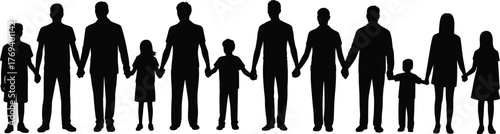 Silhouette of diverse people holding hands, black vector illustration, unity and support concept, family and community bond, inclusive human connection graphic