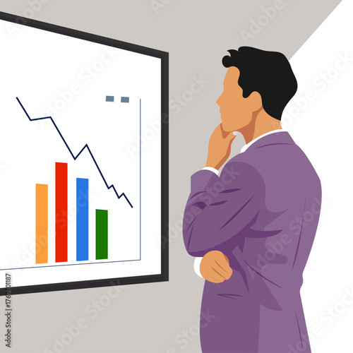 Illustration of a man in the office looking at a stand with a schedule work environment