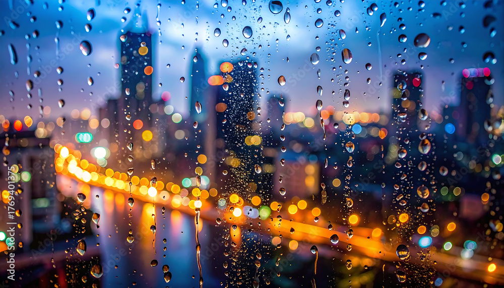 Fototapeta premium Raindrops on glass window with blurred city lights behind, creating an emotional and cinematic mood