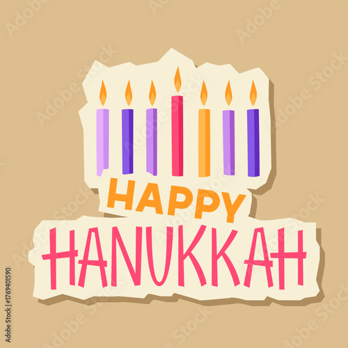 Happy Hanukkah sticker with candles. Holiday image in cartoon style.