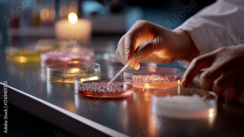 Microbiologist Analyzing Antibiotic Resistance Patterns on Petri Plates in Warm Studio Lighting - Wide Shot with Dreamy Focus, Flat Lay Scene