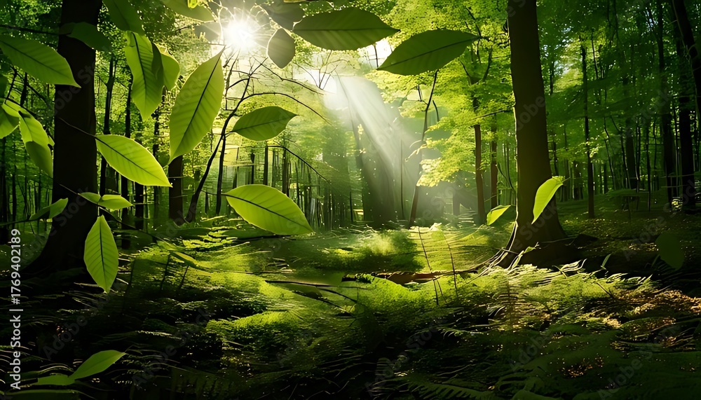 Obraz premium deep forest canopy, dappled sunshine penetrating the leaves, and lush, verdant foliage