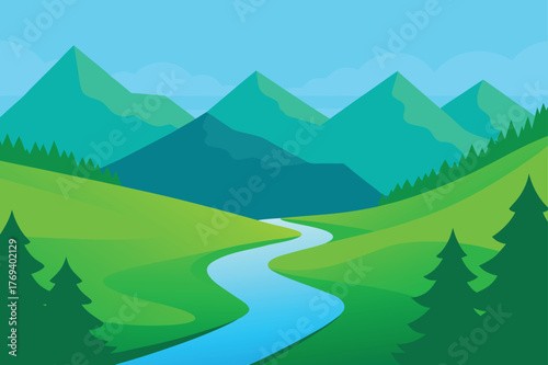 green valley with flowing river and trees