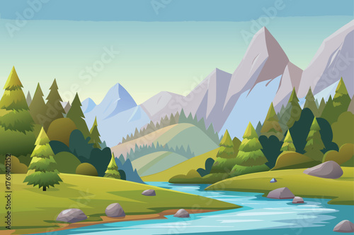summer forest river and mountain landscape