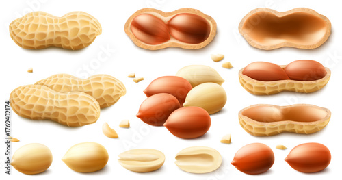 Set of whole and half peanuts, isolated on white background. For packaging with peanut butter, mix of nuts. Vegetable protein for vegetarians, healthy product. Realistic vector 3D illustration.