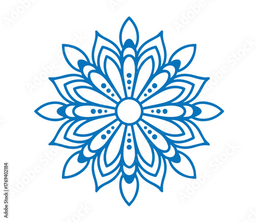 Ornate blue flower design features a radial pattern and delicate petal details; transparent background
