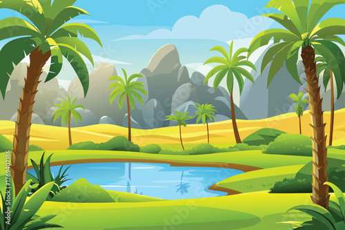 desert oasis with palm trees and calm water