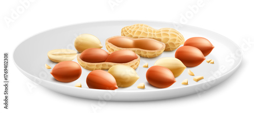 Shelled and unshelled peanuts on a white plate, isolated on white background. For packaging with peanut butter, mix of nuts. Vegetable protein for vegetarians. Realistic vector 3D illustration.