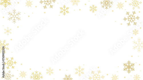 Golden snowflakes on white background. Elegant winter frame for Christmas and New Year greetings. Minimal festive border. Vector illustration.