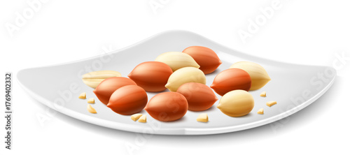 Shelled and unshelled peanuts on a white plate, isolated on white background. For packaging with peanut butter, mix of nuts. Vegetable protein for vegetarians. Realistic vector 3D illustration.