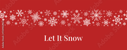 Red Christmas banner with white snowflakes. Festive winter background for holiday greetings and seasonal design. Elegant minimal composition. Vector illustration.