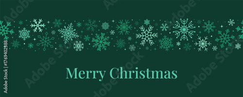 Merry Christmas banner with snowflakes on dark green background. Elegant festive winter decoration for holiday greetings and web design. Vector illustration.