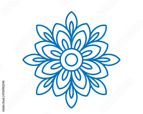 Symmetrical blue floral outline pattern showcases symmetry and delicate petal structure with transparent background