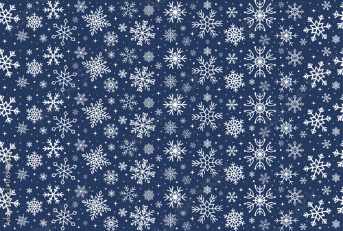 White snowflakes seamless pattern on dark blue background. Elegant winter texture for Christmas wrapping and packaging. Vector illustration.