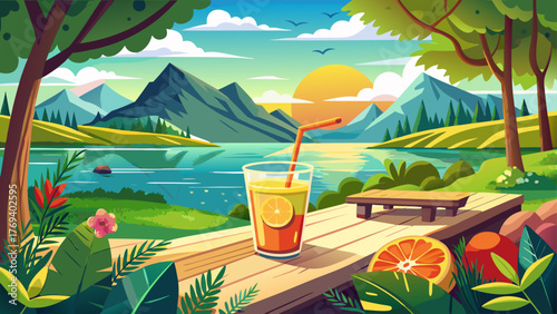 Very beautiful refreshing drink resting on a wooden table with a serene lake view, surrounded by lush green trees and gentle sunlight — a perfect summer day retreat in peaceful nature.