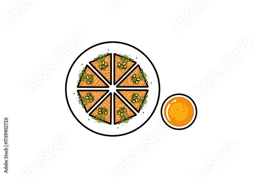 Illustration of baklava slices arranged on a plate with a side of honey.