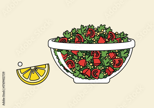 Vector illustration of a fresh tabbouleh salad in a clear bowl with a lemon wedge on the side.