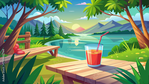 Very beautiful refreshing drink resting on a wooden table with a serene lake view, surrounded by lush green trees and gentle sunlight — a perfect summer day retreat in peaceful nature.