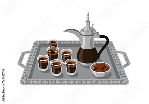 A traditional Arabic coffee pot and small cups filled with dark coffee, served on a silver tray with dates.
