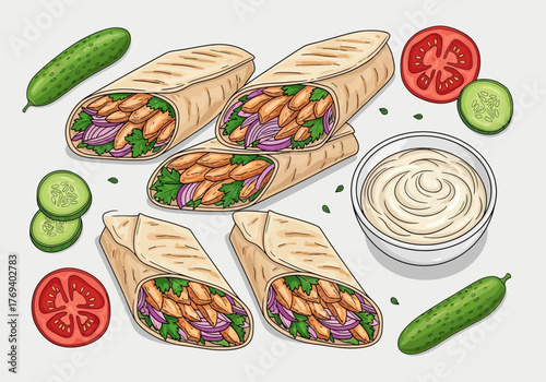 An illustration of delicious chicken shawarma wraps with fresh cucumbers, tomatoes, and a bowl of creamy white sauce.