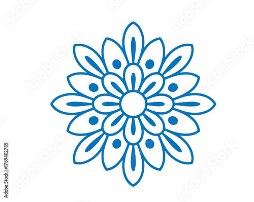 Blue outlined floral motif presents symmetrical petal arrangements over a pure white backdrop