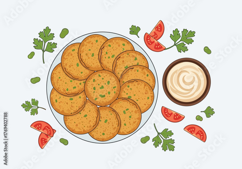 A top-down view of a plate of golden falafel with dipping sauce and garnishes.