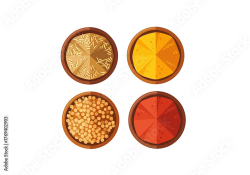 Top view vector illustration of four wooden bowls containing assorted spices and grains like turmeric, paprika, and mustard seeds.
