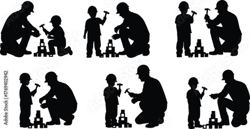 Silhouette vector illustration of parent and child wearing hard hats building toy block structures with hammers, teamwork, guidance, learning, family, and education