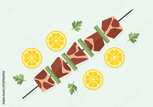 A vibrant illustration of a kebab skewer with meat, vegetables, and lemon slices.