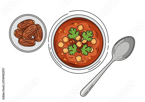 Overhead view of a bowl of soup with chickpeas and cilantro, dates, and a spoon.