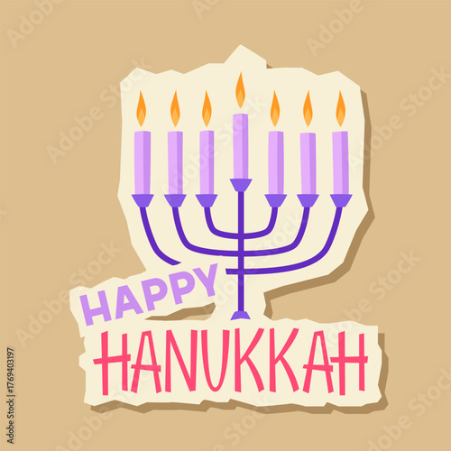 Happy Hanukkah sticker with menorah. Holiday image in cartoon style.