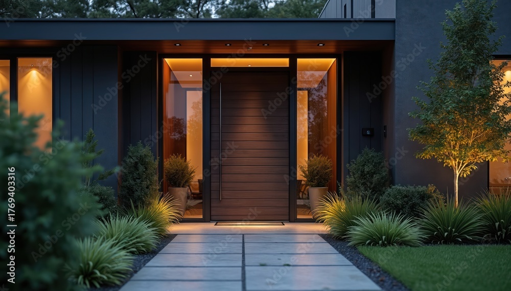 Fototapeta premium Modern dark wood front door with glass panels is illuminated at twilight. A paved walkway leads to the entrance surrounded by rich green plants and a lit tree.