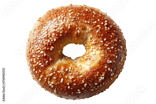 Sesame seed bagel isolated on transparent background — fresh baked bread roll with golden crust top view