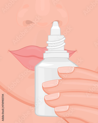 Face. Nasal spray. Close up view