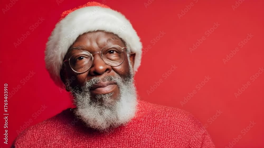 An elderly man with a white beard and Santa hat, wearing a red sweater, points at the camera against a red background.