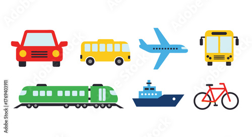Flat Transport Icon Pack – Car, Bus, Airplane, Train, Ship, Bicycle – Minimal Vector Set