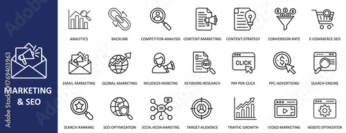 Marketing and SEO Line Icons Set Vector | Digital Strategy, Analytics, and Optimization Outline Collection